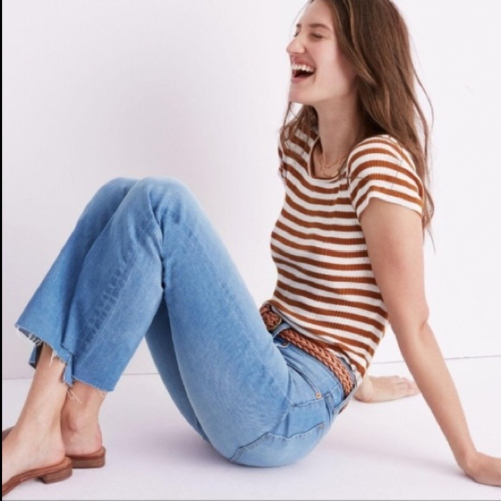 Madewell Short Sleeve Brown Striped Ribbed Top